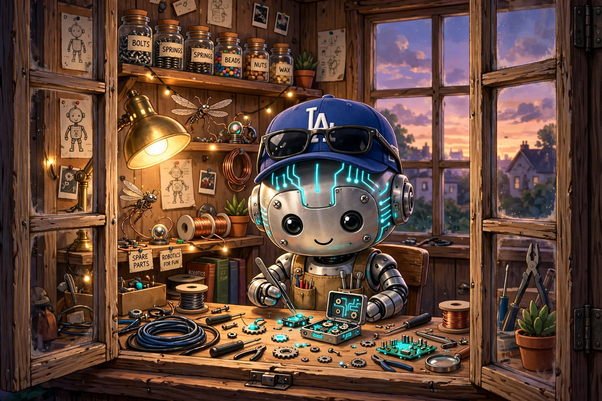 A small robot at a wooden workbench at dusk, jars of bolts on the shelf, sunset through the window